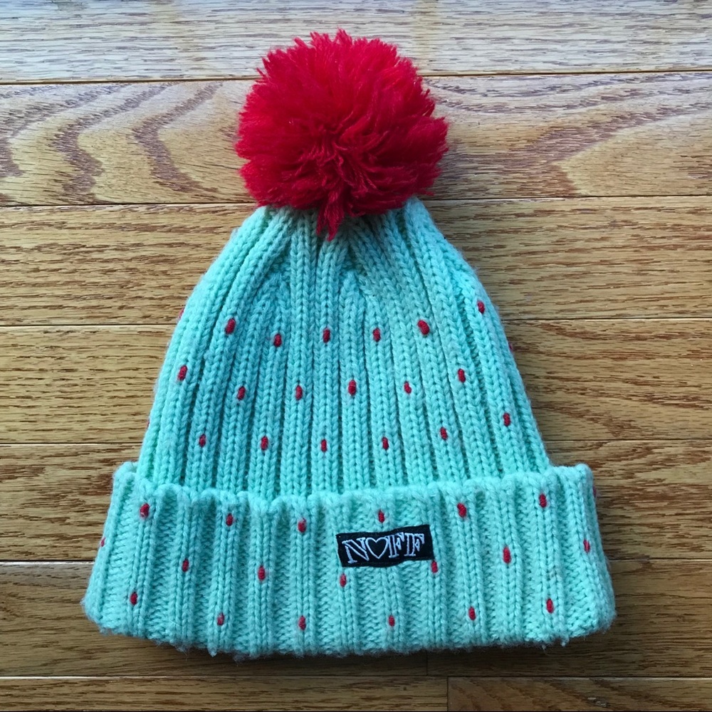 NUFF - Mint Green and Red Stitched Beanie w/ Pom Pom - Winter Hat (one size)